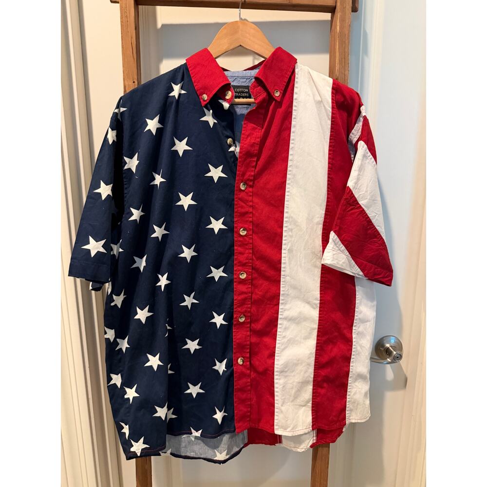 Cotton Traders Sport- American Flag Button down short sleeve collar shirt-Large